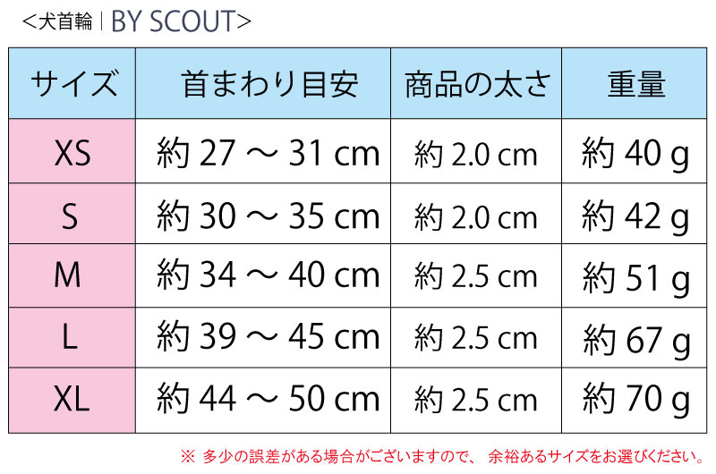 SeeScoutSleep 首輪サイズ表